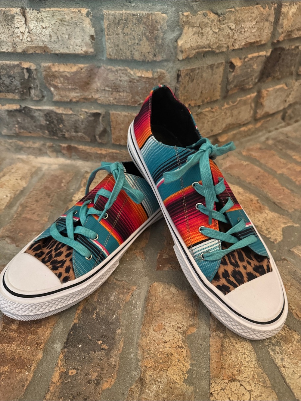 CRAZY TRAIN Colorful Serape Lace-Up Sneakers with Leopard Accent - Size 11